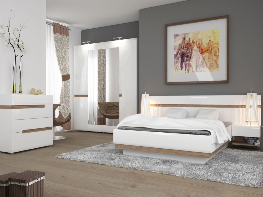 Mode EU White Gloss Bed Frame with Truffle Oak Modern Bed FADS