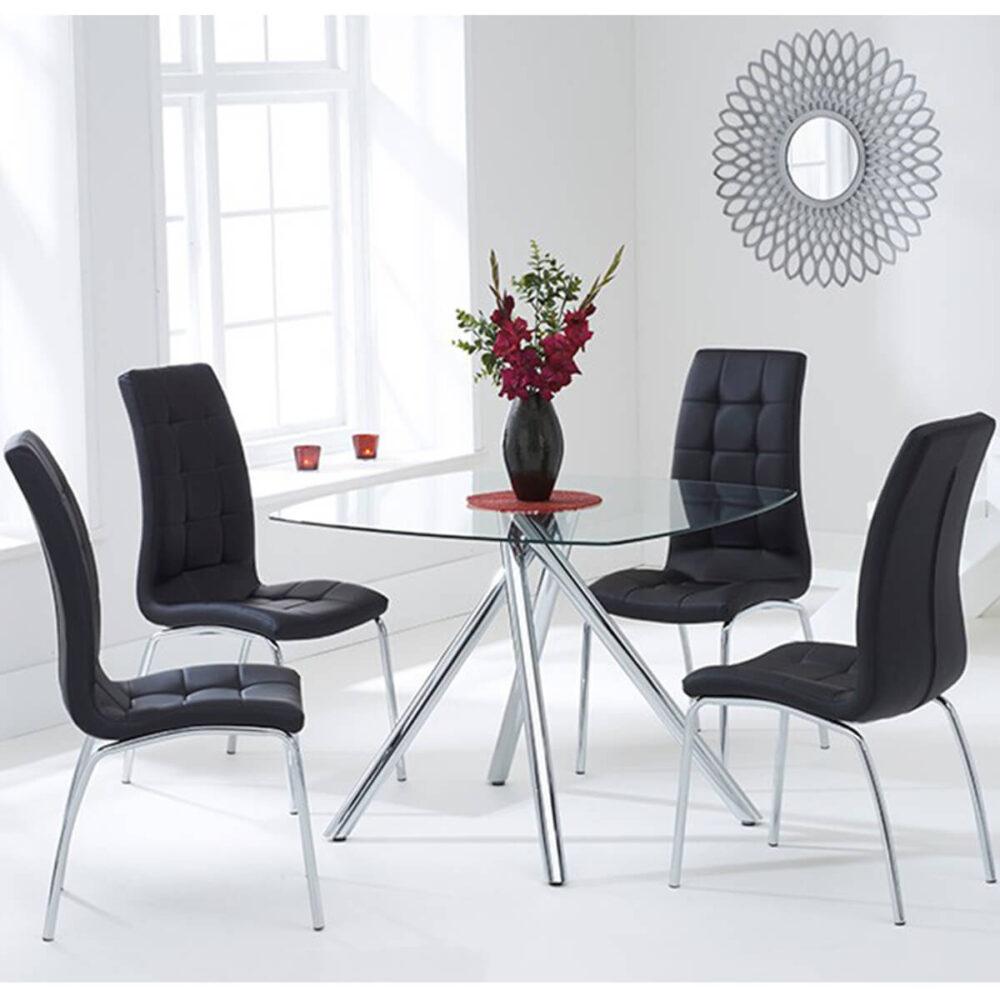 Elba Dining Set 4 Seater Clear Glass & Coloured Chairs Black