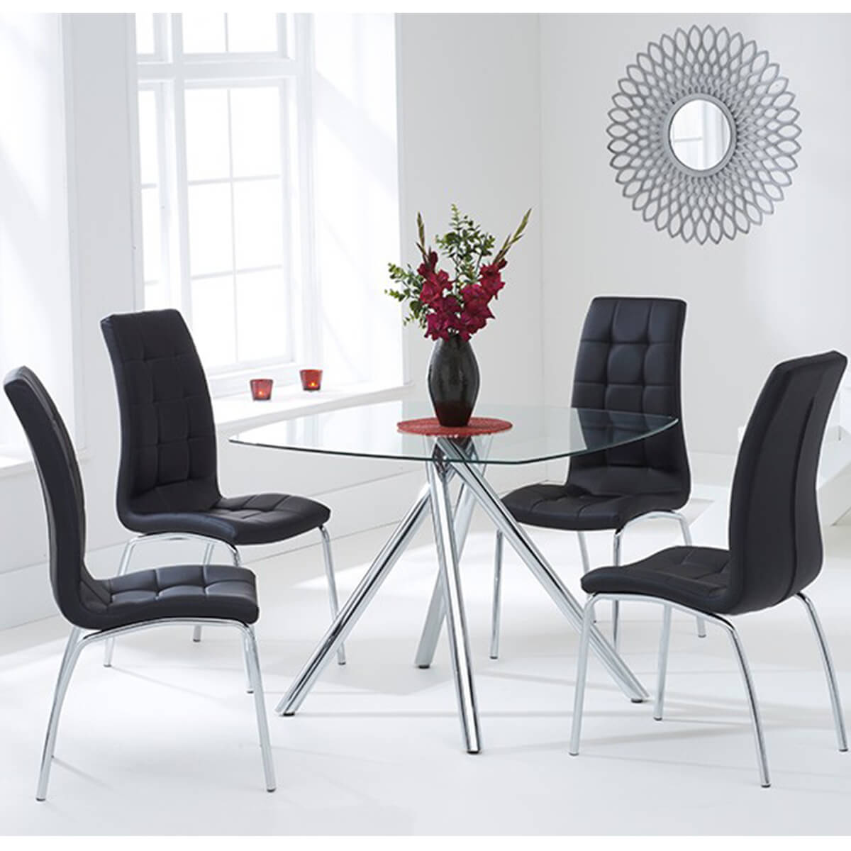 elba glass dining table with 4 coloured chairs