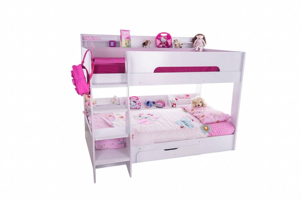 Flick Bunk Bed with Storage Drawer & Shelving White 2