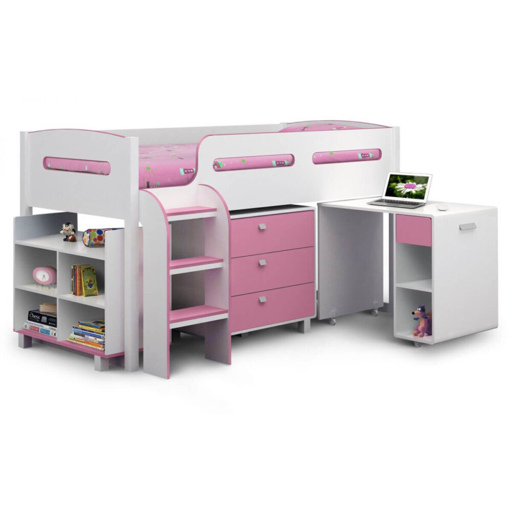 Kiddo Single Cabin Bed With Storage Pink & White