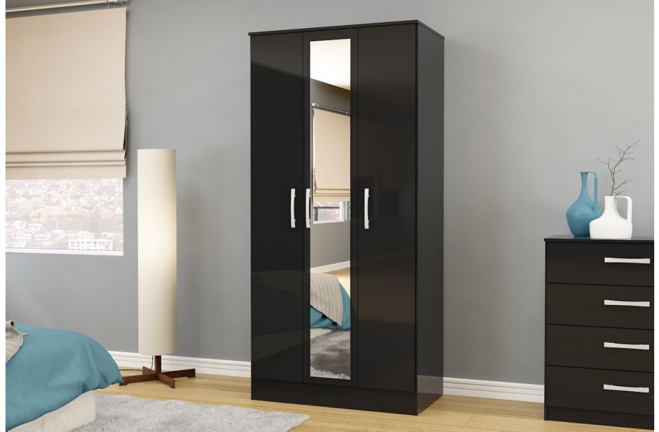 Lynx 3 Door Black Gloss Wardrobe Modern Bedroom FADS