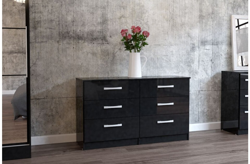 Lynx Wide Drawer Chest Black Gloss Modern Bedroom FADS