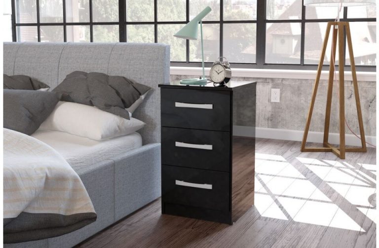 Lynx Black Gloss Bedside 3 Drawer Bedroom Furniture FADS