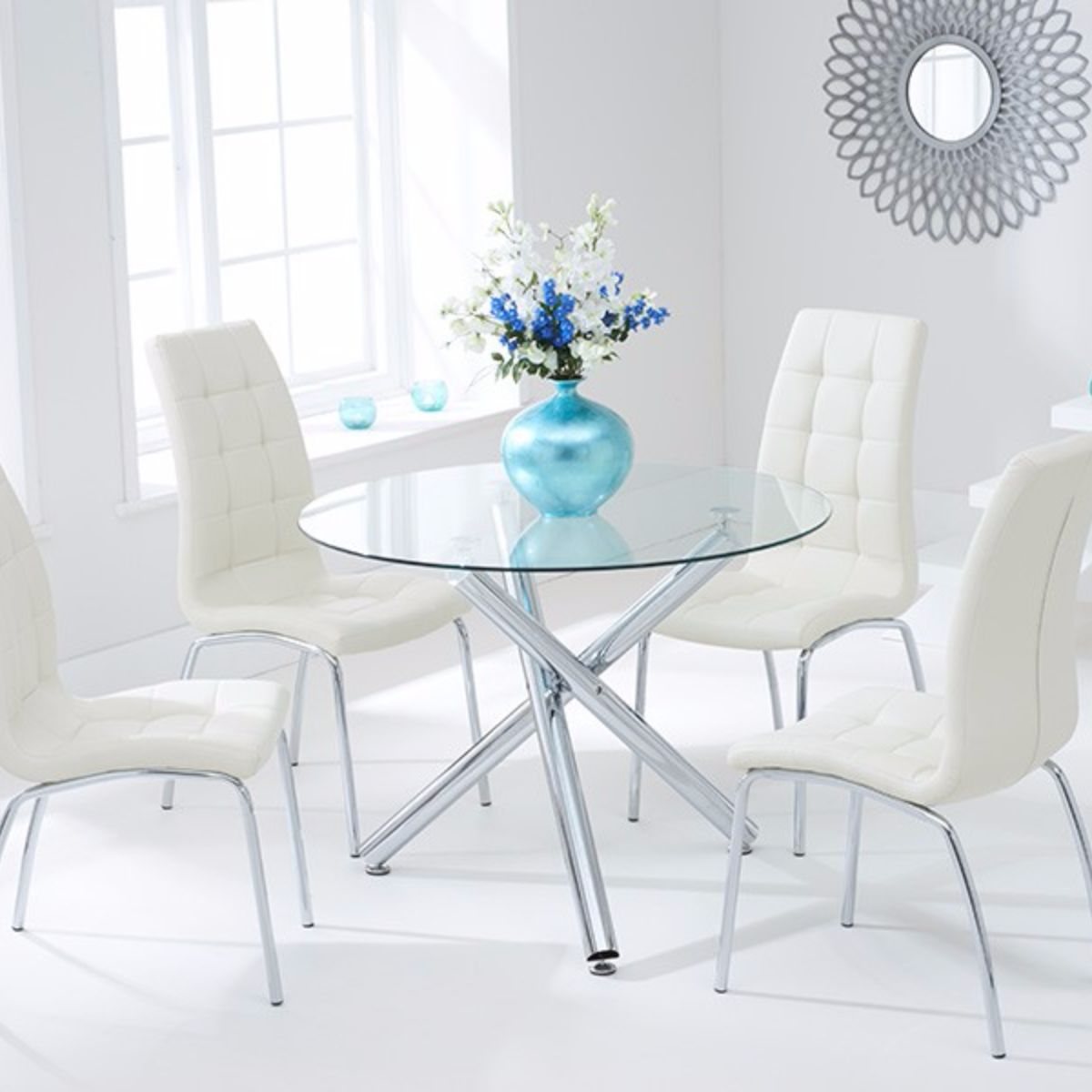 Odessa Clear Glass Round Dining Set, Cream Round Dining Table Set