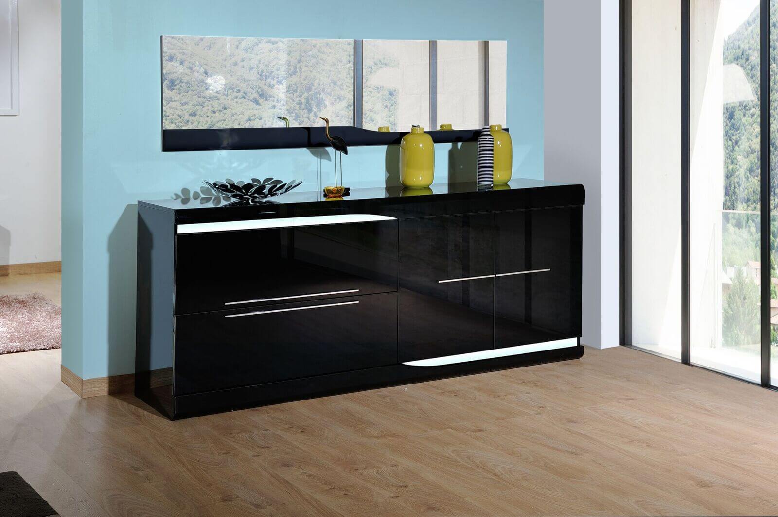 Ovio Black Gloss Sideboard with Lights 2 Drawer 2 Door FADS
