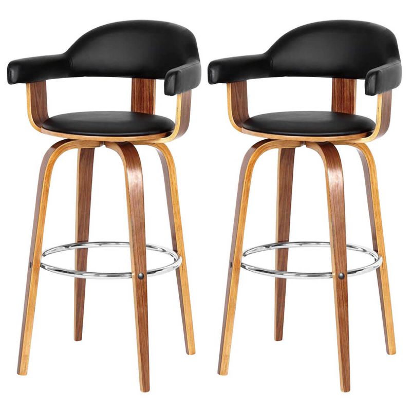 Pime Pair of Black Faux Leather Bar stools & Walnut Base FADS