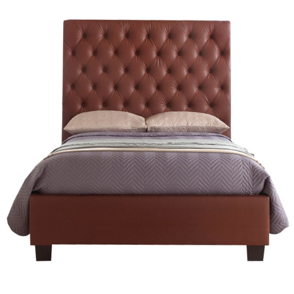 Windsor Bed Frame With Tall Headboard Faux Leather Brown