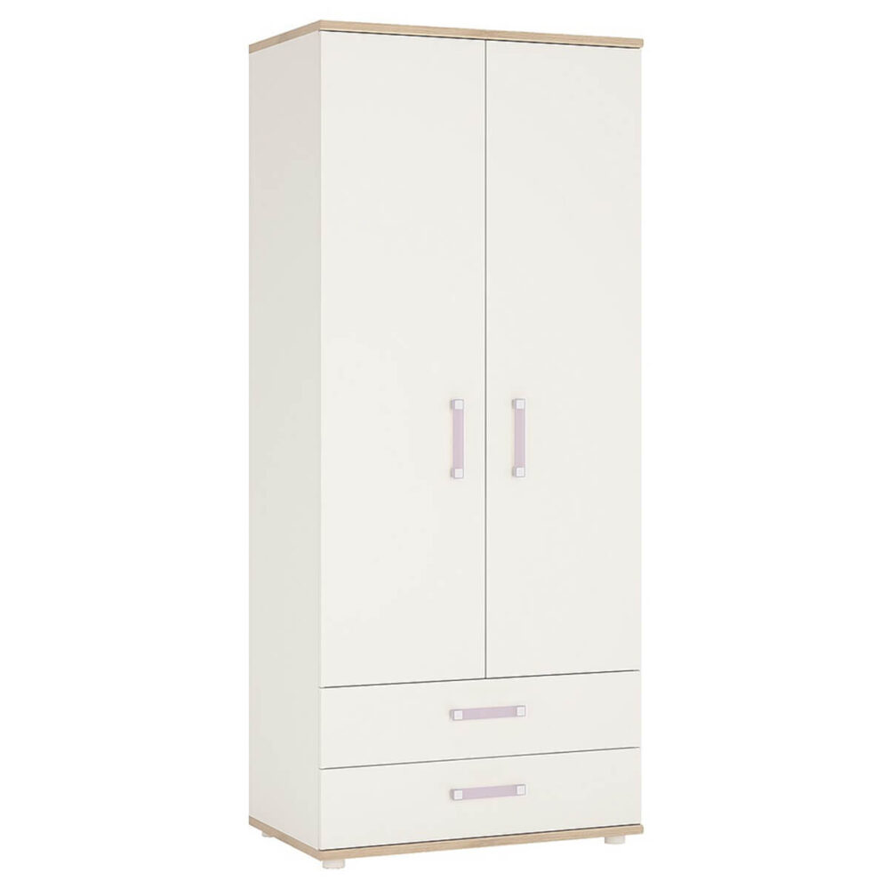 iKids 2 Door 2 Drawer Wardrobe 81cm White with Lilac Coloured Handles