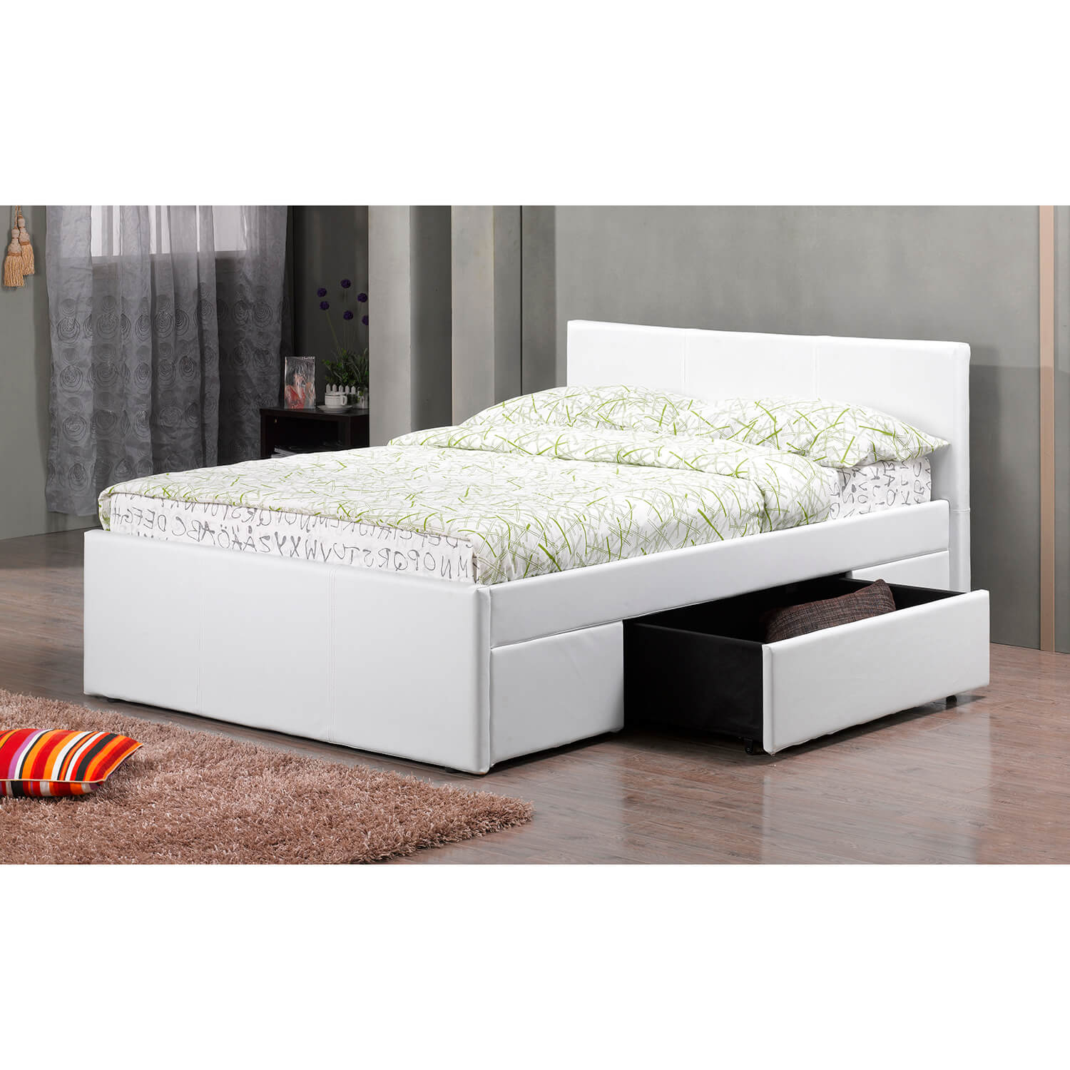 White leather bed with on sale drawers