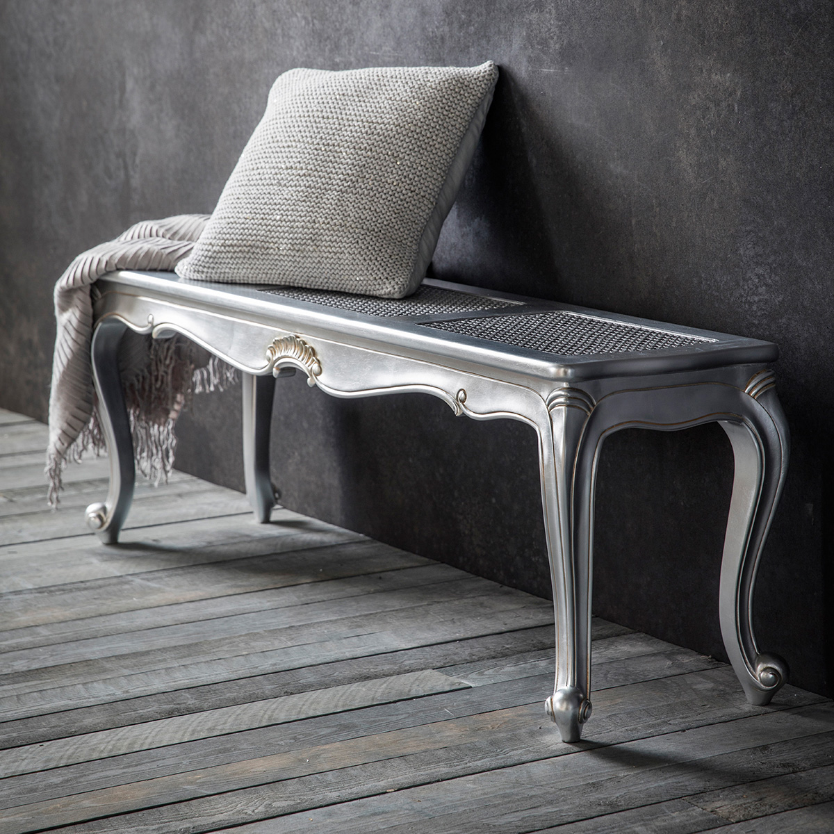 Madeleine Rococo Cane Work Bench (Finish: Silver)