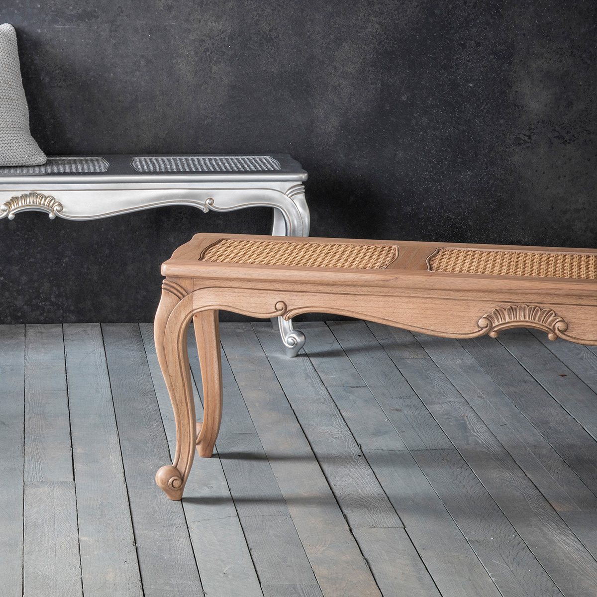 Madeleine Rococo Cane Work Bench (Finish: Weathered Ash)