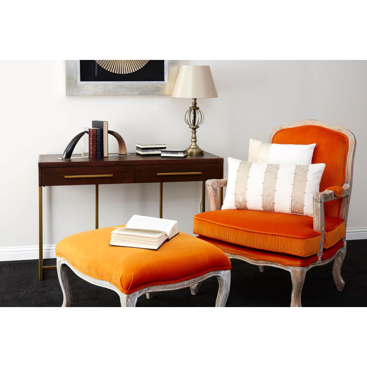 Orange armchair sales and footstool