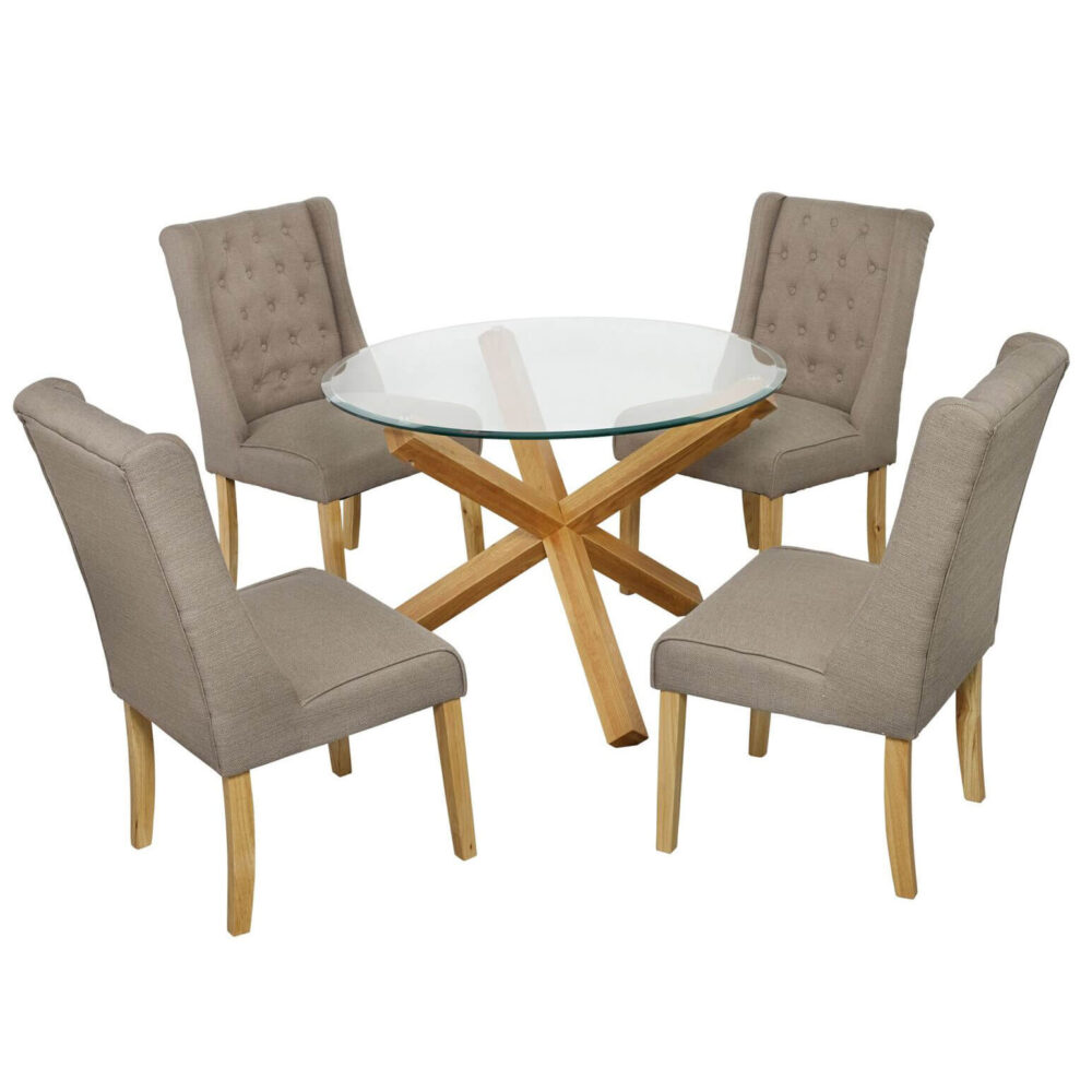 Grange glass and oak dining table with four beige verona chairs