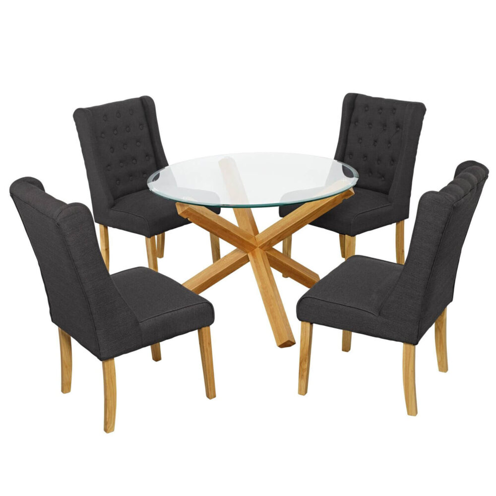 Grange glass and oak dining table with four grey verona chairs