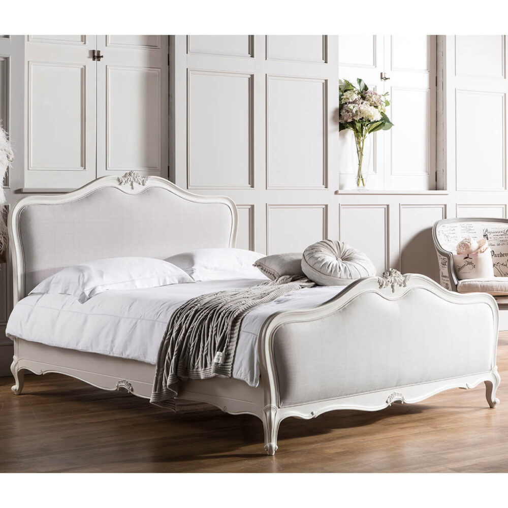 Madeleine silver leaf French Rococo style bed bedframe with cane or linen panels FADS Furniture & Design Studio