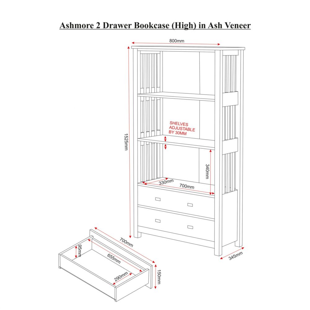 ashmore 2 drawer bookcase dimensions