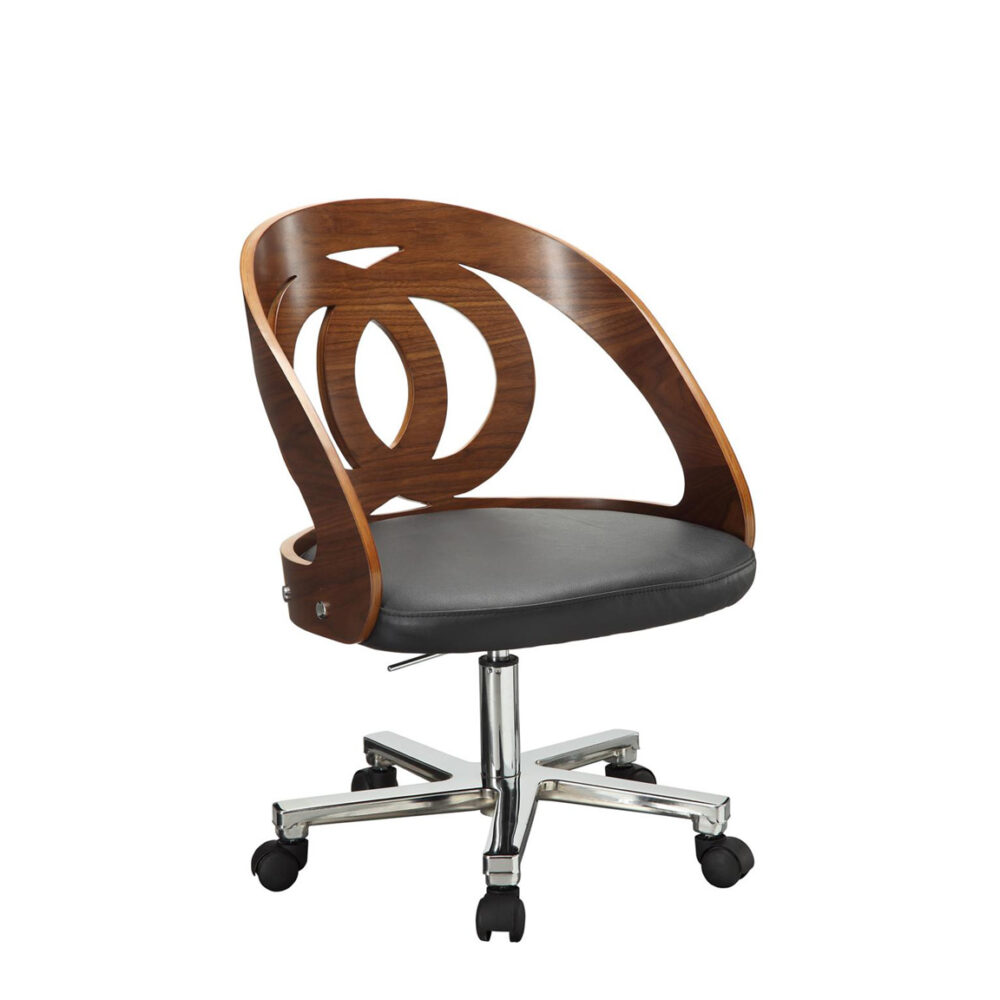 curve office chair walnut veneers black faux leather seat