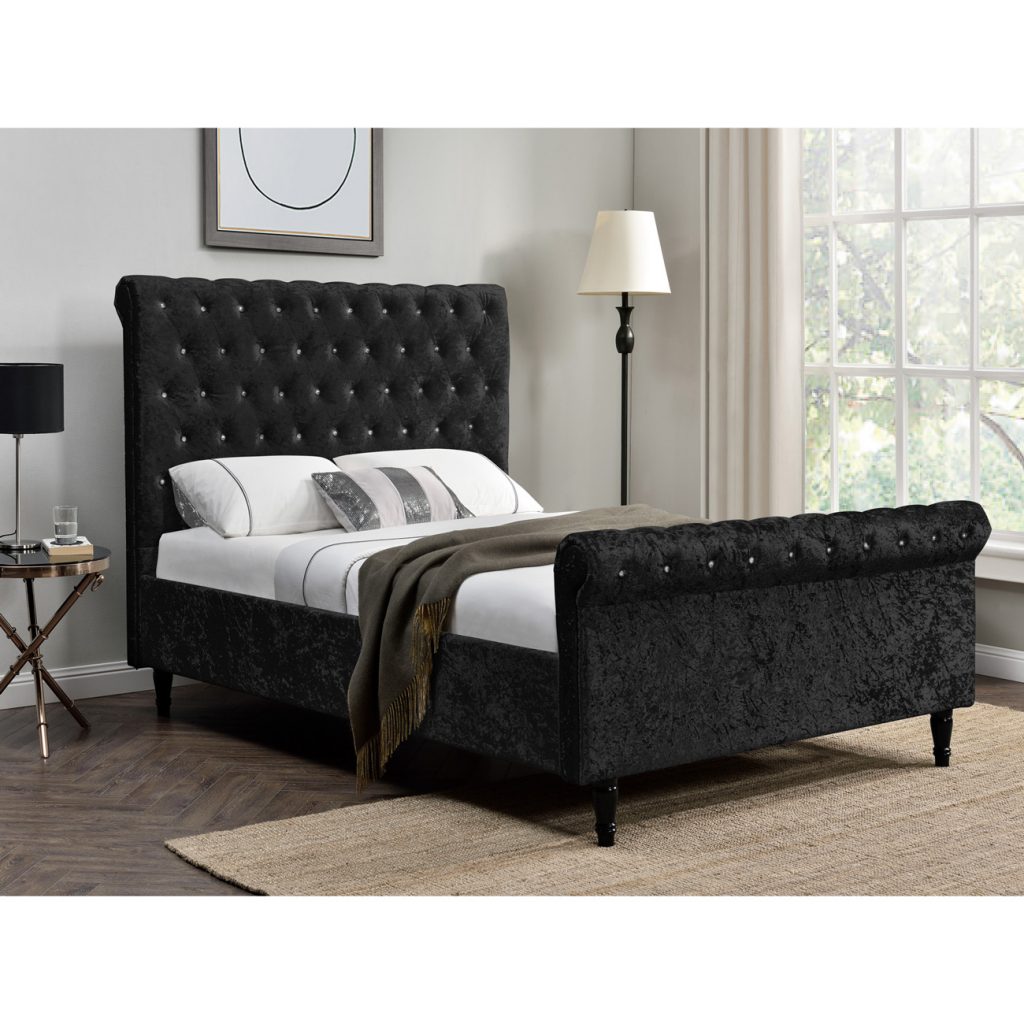 Bordeaux Black Crushed Velvet Bed Frame Diamante Headboard FADS