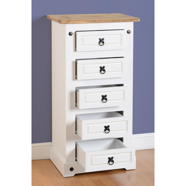 Corona White 5 Drawer Narrow Chest Bedroom Furniture FADS