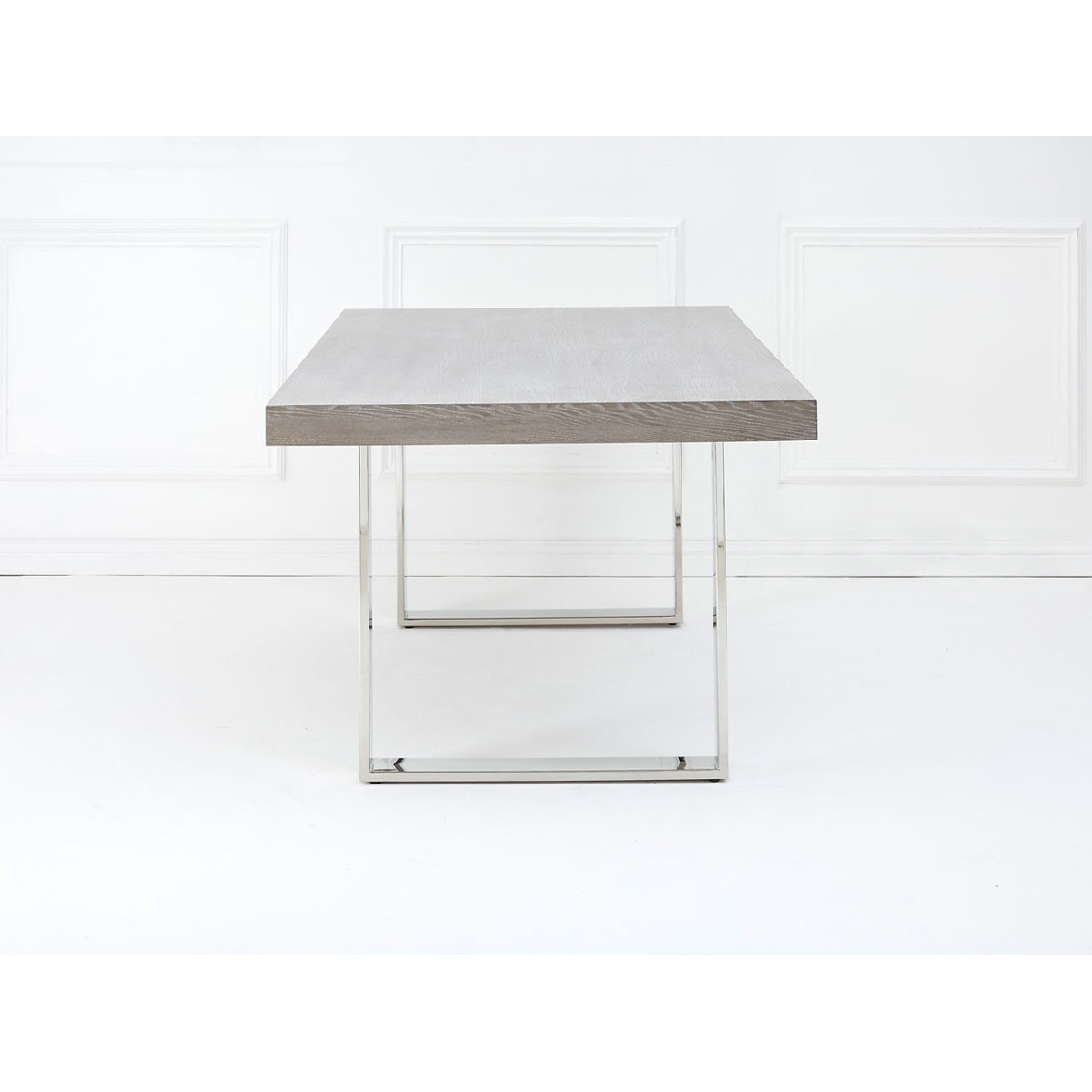 Grey Elm Wood Dining Table Reflective Stainless Steel Legs FADS