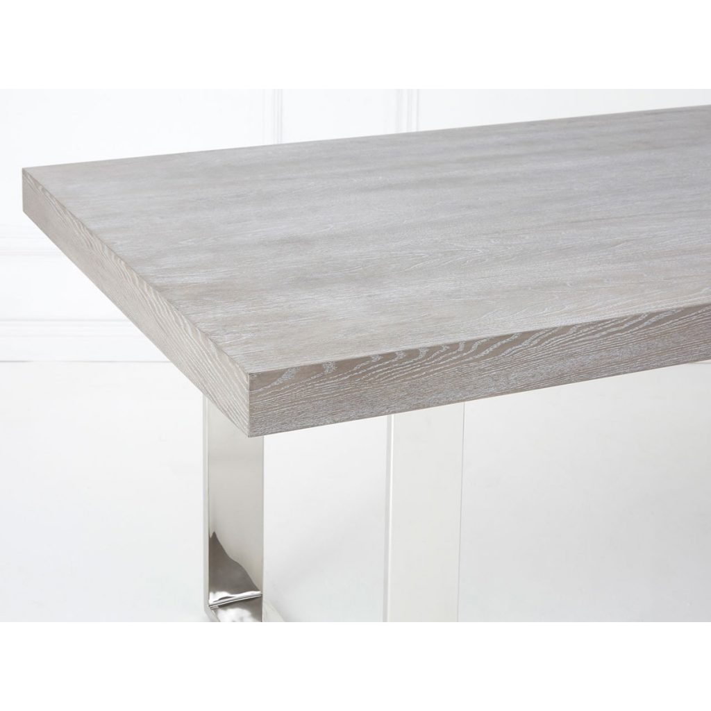 Grey Elm Wood Dining Table Reflective Stainless Steel Legs FADS