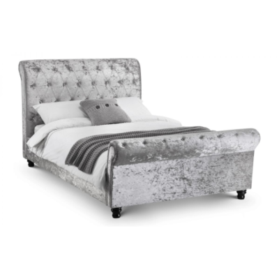 Verona Deep Button Scroll Silver Crushed Velvet Bed