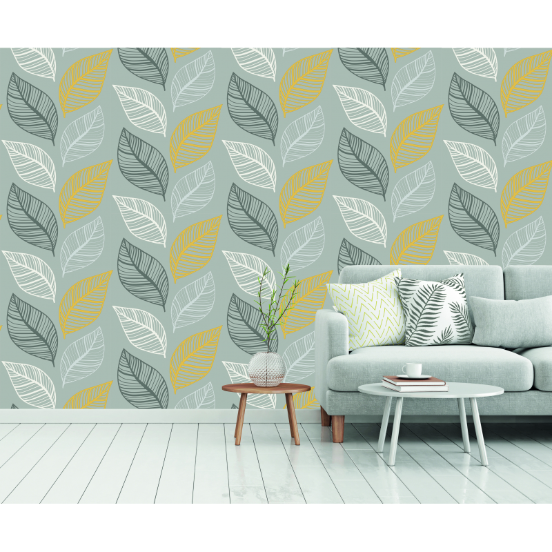 Elba Yellow & Charcoal Leaf Patterned Wallpaper