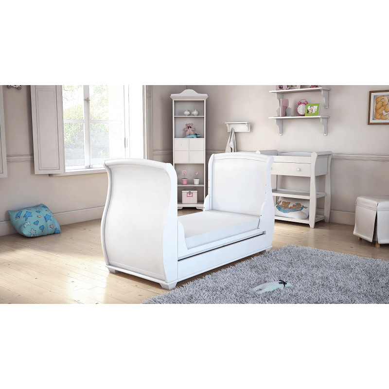 Babymore Bel Sleigh Dropside Cot Bed with Drawer White FADS