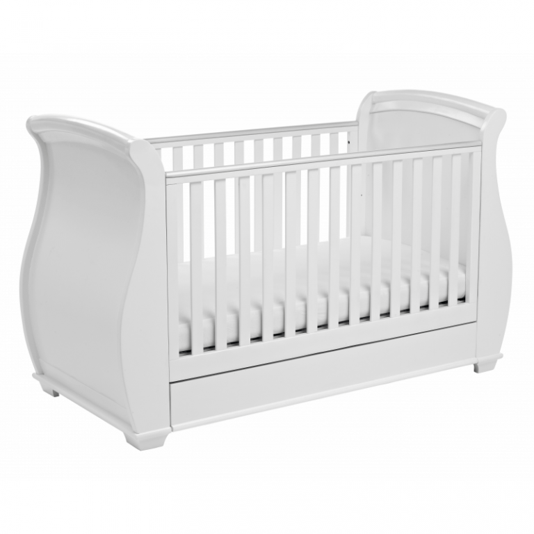Babymore Bel Sleigh Dropside Cot Bed with Drawer White FADS