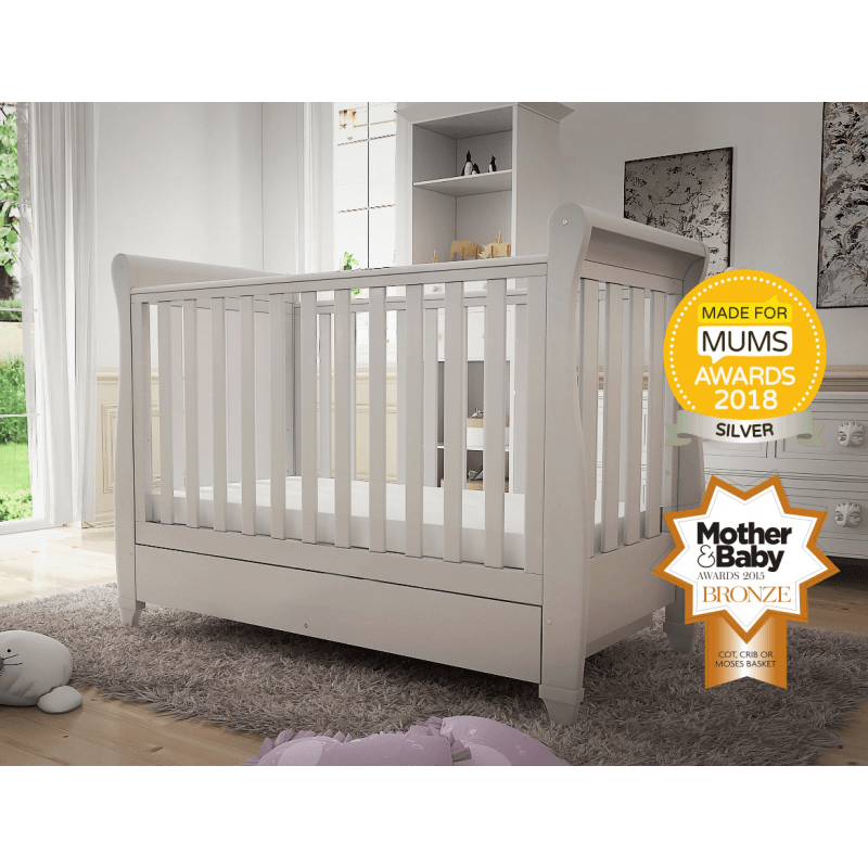 Babymore Eva Sleigh Dropside Cot Bed with Drawer White FADS