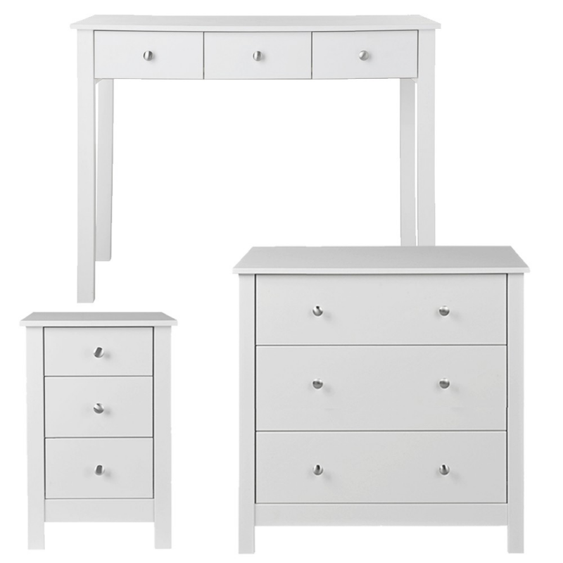 Florence White Package - Bedside + 3 Drawer Chest + Desk/Dressing Table