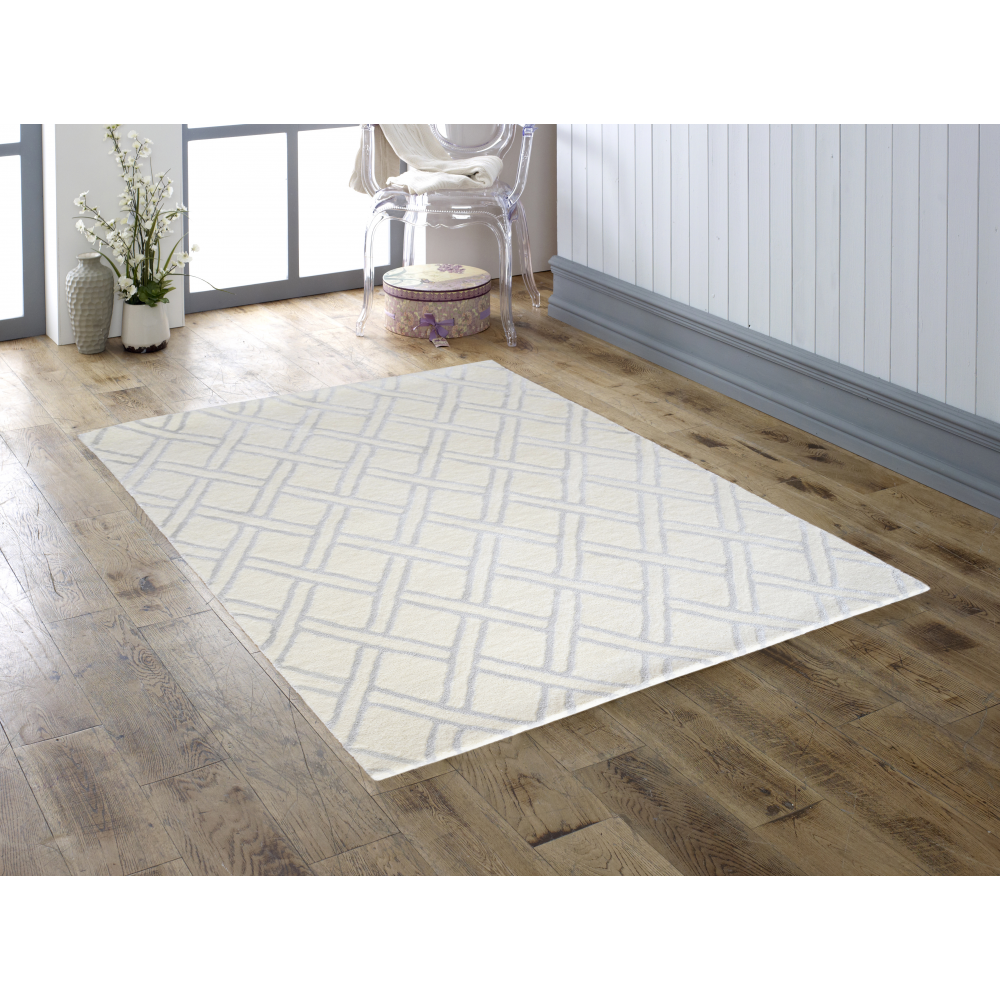 Diamond HandTufted Wool Rug Green, Ivory and Rose FADS