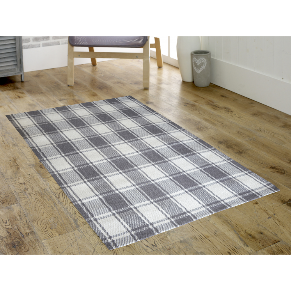 Tartan Hand Woven Wool Rug Blue Grey or Red FADS