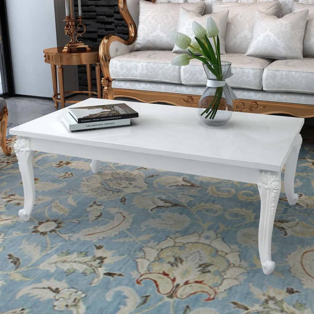 Castor Coffee Table High Gloss White Top With Ornate Pattern Legs (Table Size: 115 x 65 x 42 cm)