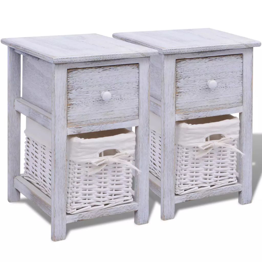 NEW Set of 2 Shabby Chic White Bedside Table Units with Wicker Storage Drawers 